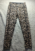 Leopard print leggings laid flat on a gray textured rug. The leggings feature a classic leopard pattern with black spots on a tan and brown base.