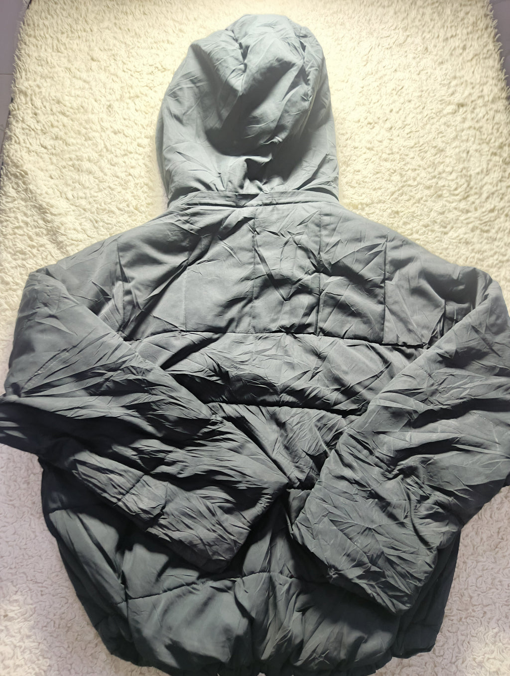 A dark gray hooded puffer jacket laid flat on a textured beige carpet. The image has a camera watermark at the bottom.