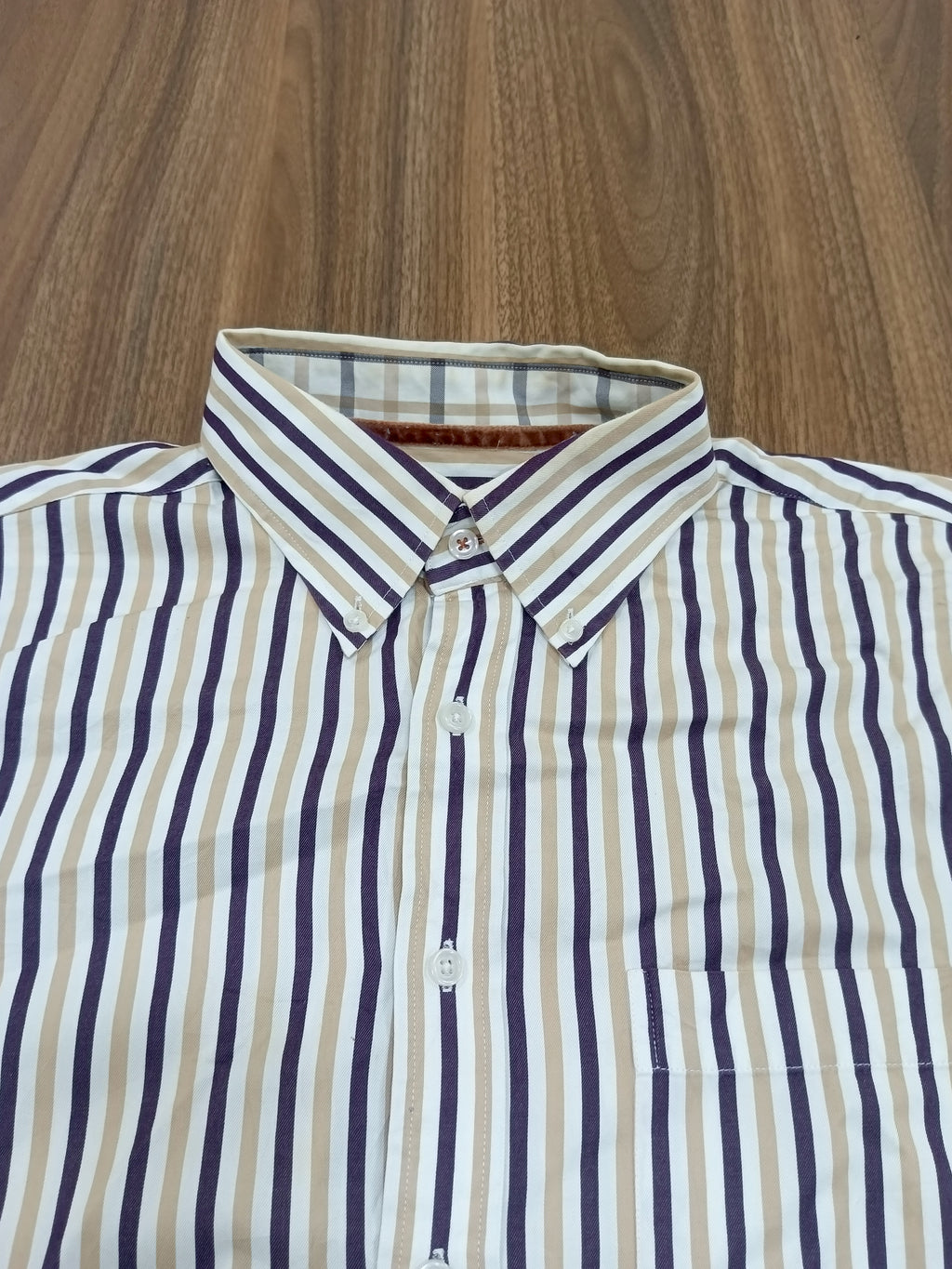Men's Shirt-Striped -navy blue, beige, and white,-Thrift