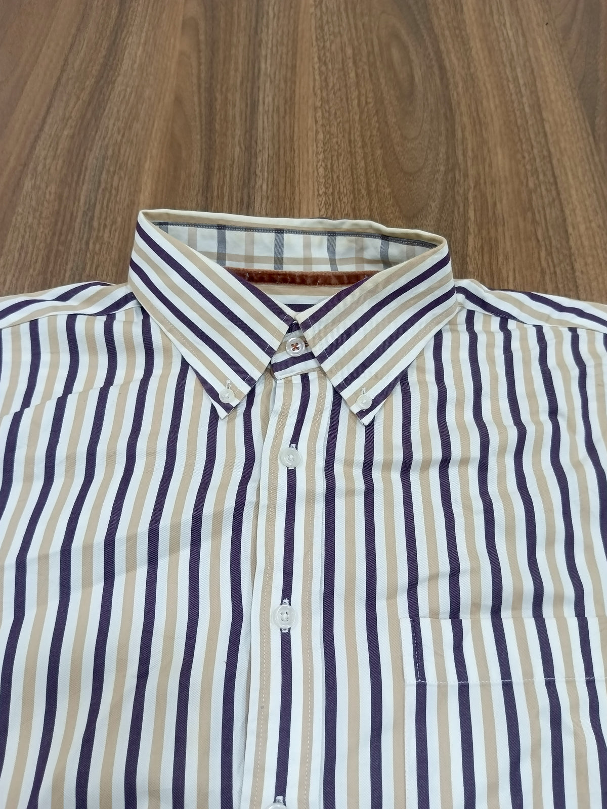 Men's Shirt-Striped -navy blue, beige, and white,-Thrift