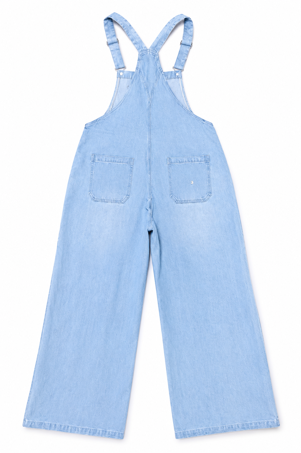 Light blue denim overall with wide legs and adjustable shoulder straps, shown from the back on a white background.