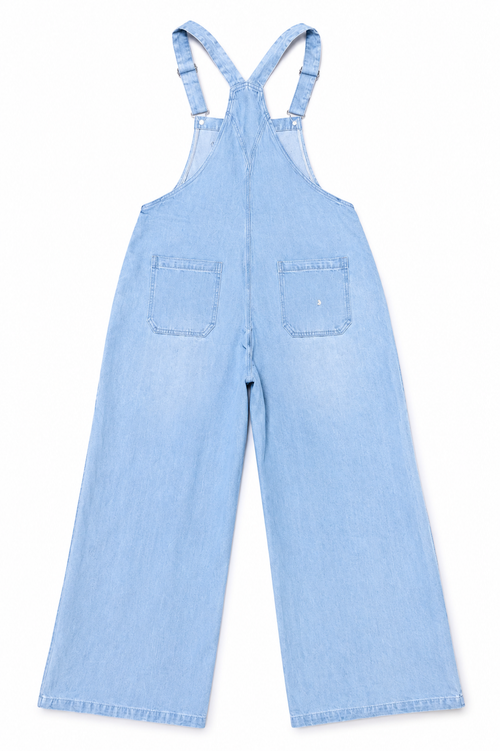 Light blue denim overall with wide legs and adjustable shoulder straps, shown from the back on a white background.