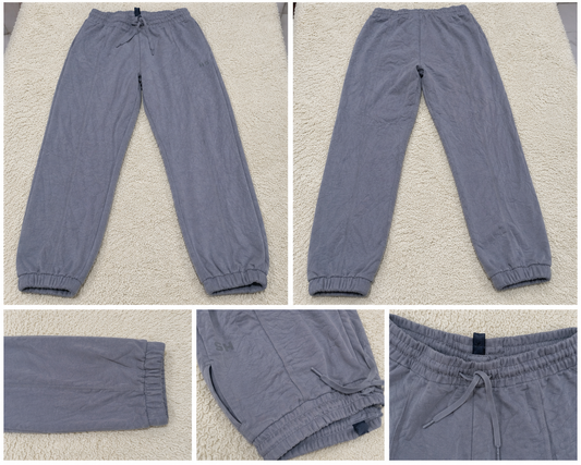 A pair of gray jogger-style pants shown in a five-panel collage, including full front and back views and close-up detail shots of the cuffs, hem, and drawstring waistband, laid flat on a light textured surface.