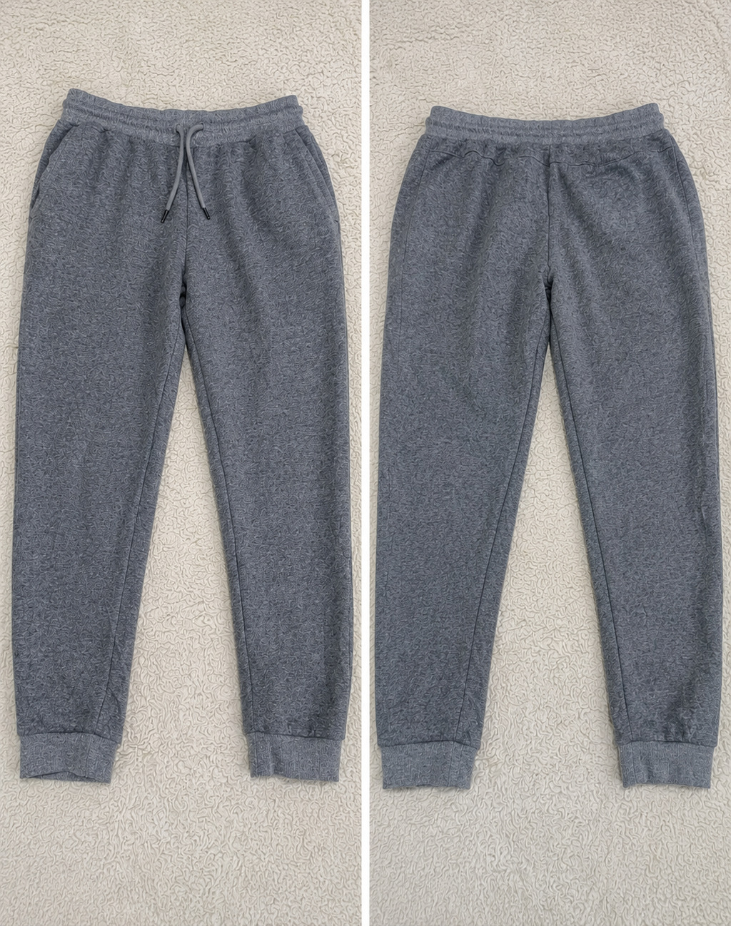 Two views of heather gray jogger pants laid flat on a light textured background, labeled POVA 6 Neo with measurements 23mm and fabric code 1/1.4 1/25s ISO722 / ISO760.