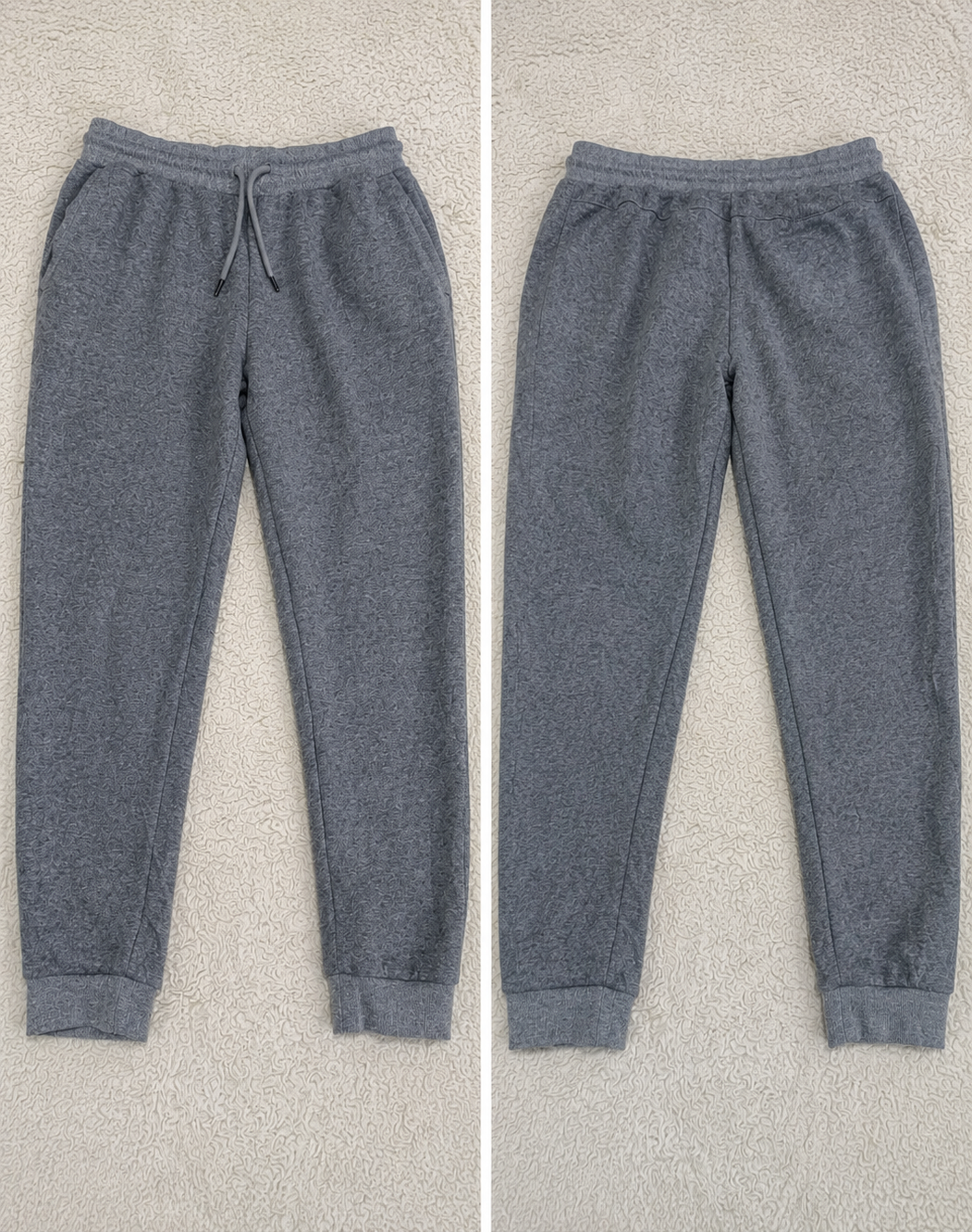 Two views of heather gray jogger pants laid flat on a light textured background, labeled POVA 6 Neo with measurements 23mm and fabric code 1/1.4 1/25s ISO722 / ISO760.