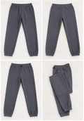 A four-panel product collage showing dark gray jogger sweatpants from multiple angles on a light textured background. The views include a front-facing flat lay, a side view, a back view, and a folded presentation.