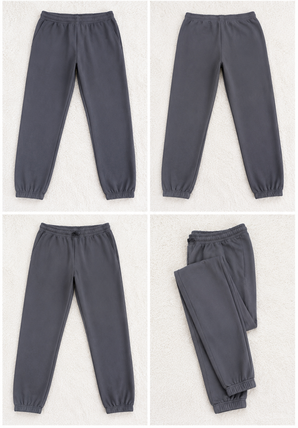 A four-panel product collage showing dark gray jogger sweatpants from multiple angles on a light textured background. The views include a front-facing flat lay, a side view, a back view, and a folded presentation.