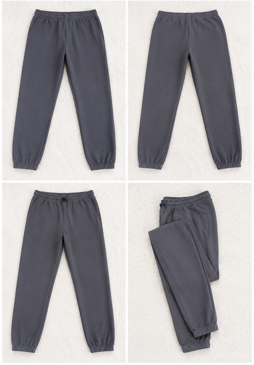 A four-panel product collage showing dark gray jogger sweatpants from multiple angles on a light textured background. The views include a front-facing flat lay, a side view, a back view, and a folded presentation.