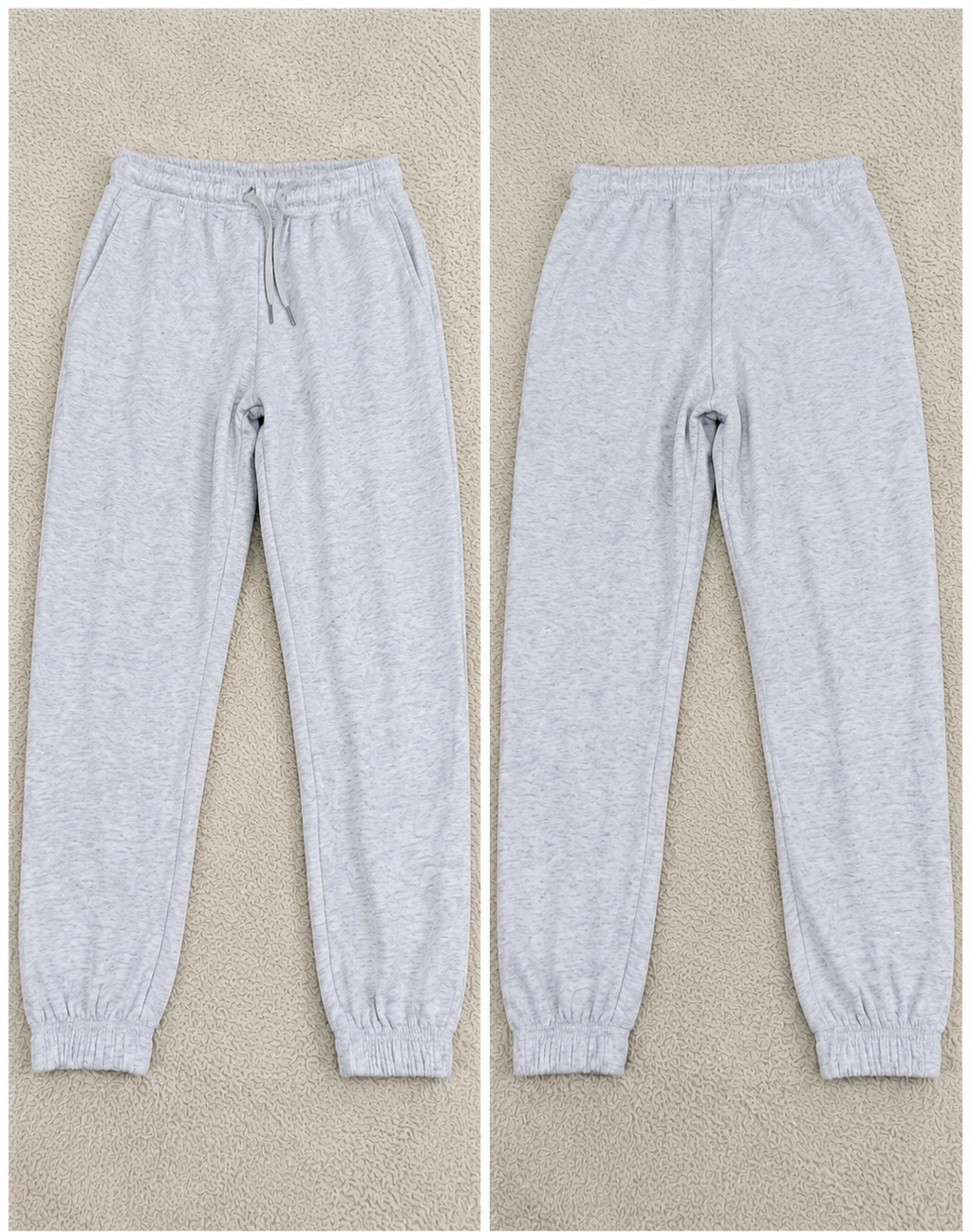 Light heather gray jogger sweatpants shown from both front and back views on a beige textured background, with size and style codes printed below each pair.