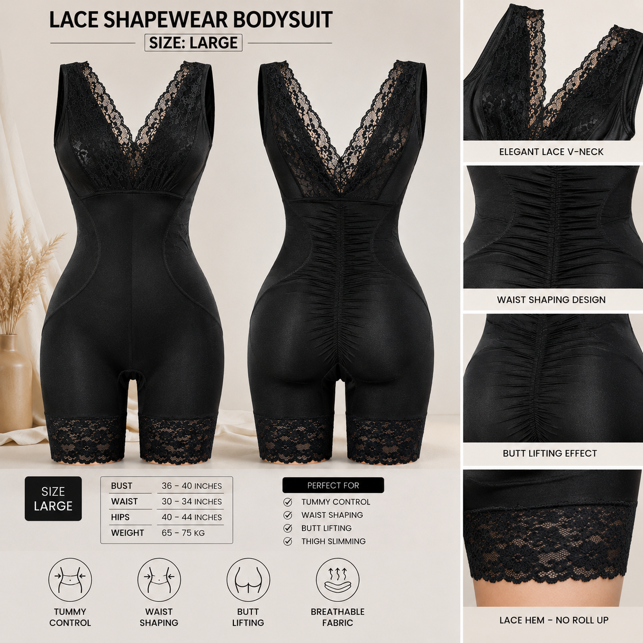 Black lace shapewear bodysuit shown on a model from the front and back, with feature callouts and size information. The bodysuit has a V-neckline, ruched waist, and lace trim at the hips and upper legs.