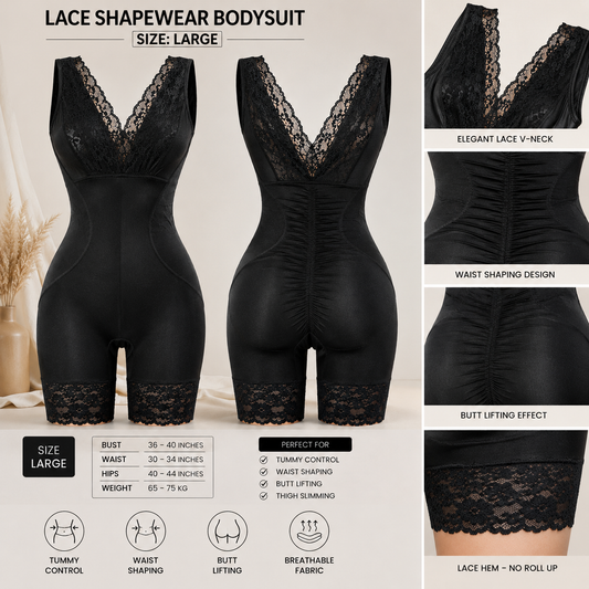 Black lace shapewear bodysuit shown on a model from the front and back, with feature callouts and size information. The bodysuit has a V-neckline, ruched waist, and lace trim at the hips and upper legs.