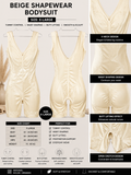 A beige shapewear bodysuit shown in a multi-panel infographic layout with text callouts, a size chart, and feature highlights. The image shows the garment from the front, side, and back, along with close-up detail panels of the neckline, waist, and buttocks.