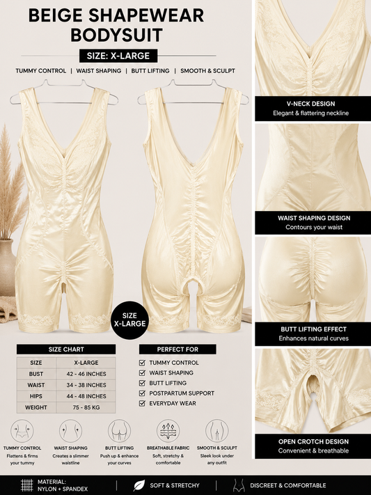 A beige shapewear bodysuit shown in a multi-panel infographic layout with text callouts, a size chart, and feature highlights. The image shows the garment from the front, side, and back, along with close-up detail panels of the neckline, waist, and buttocks.