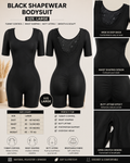 Black shapewear bodysuit shown in a composite product infographic with front and side views, feature callouts, a size chart, and a size label for Large on a light beige background.