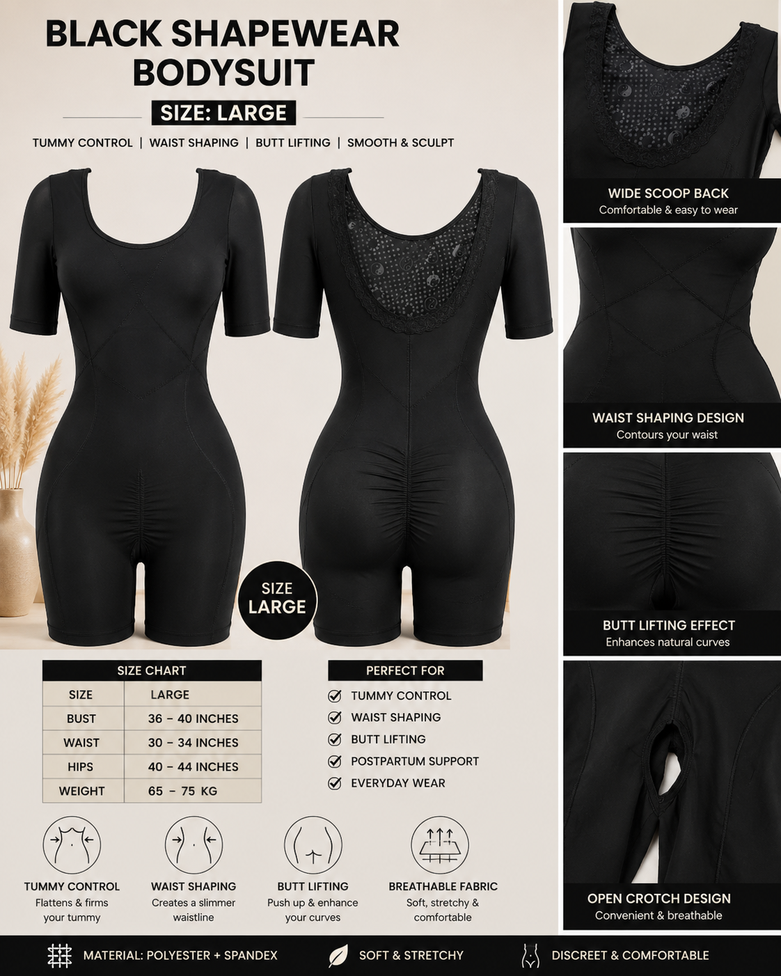 Black shapewear bodysuit shown in a composite product infographic with front and side views, feature callouts, a size chart, and a size label for Large on a light beige background.