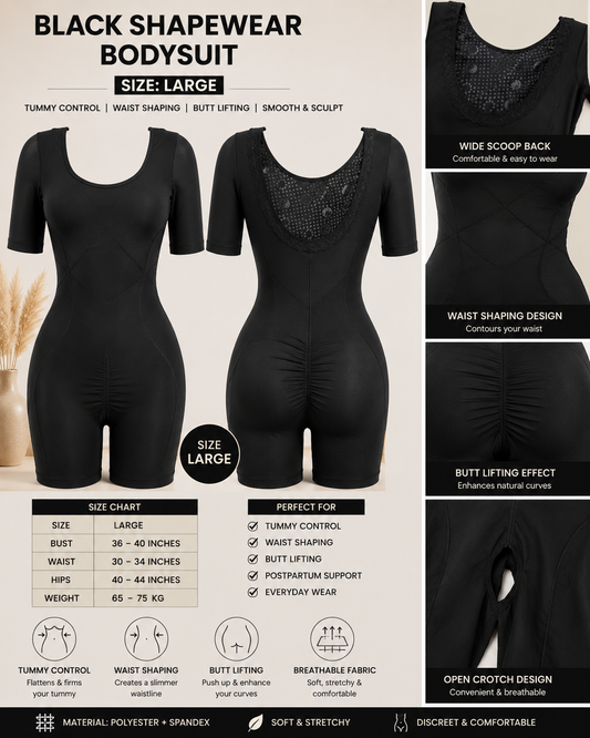 Black shapewear bodysuit shown in a composite product infographic with front and side views, feature callouts, a size chart, and a size label for Large on a light beige background.