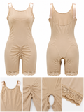 Beige shapewear bodysuit shown from the front and back, with close-up detail panels at the bottom highlighting the lace hem, ruched waist, and leg openings.