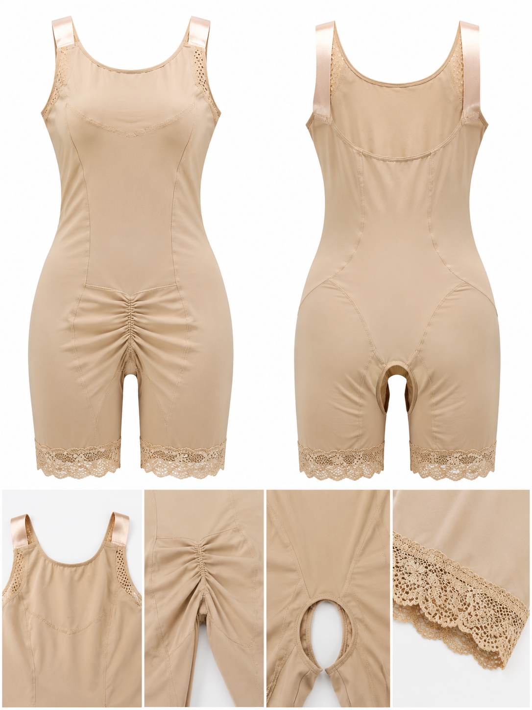 Beige shapewear bodysuit shown from the front and back, with close-up detail panels at the bottom highlighting the lace hem, ruched waist, and leg openings.