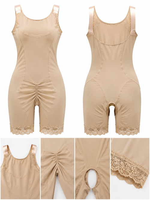 Beige shapewear bodysuit shown from the front and back, with close-up detail panels at the bottom highlighting the lace hem, ruched waist, and leg openings.