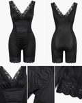 Black shapewear bodysuit with lace trim, shown from the front and back, with close-up detail panels of the bust, arm, and lace hem.