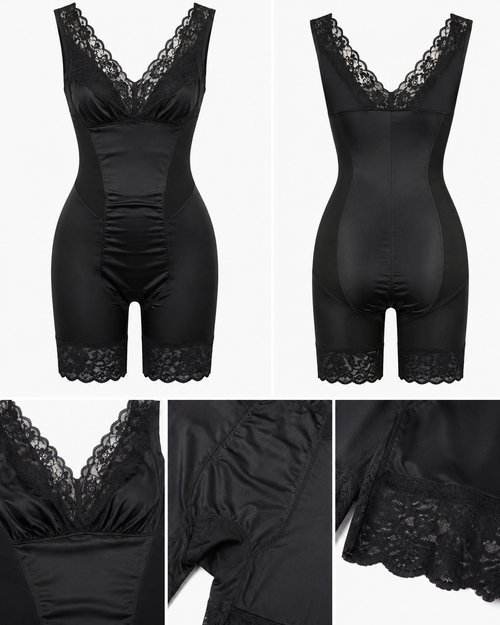 Black shapewear bodysuit with lace trim, shown from the front and back, with close-up detail panels of the bust, arm, and lace hem.